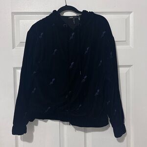 Maje Black Velvet Hoodie with Blue Floral Embroidery